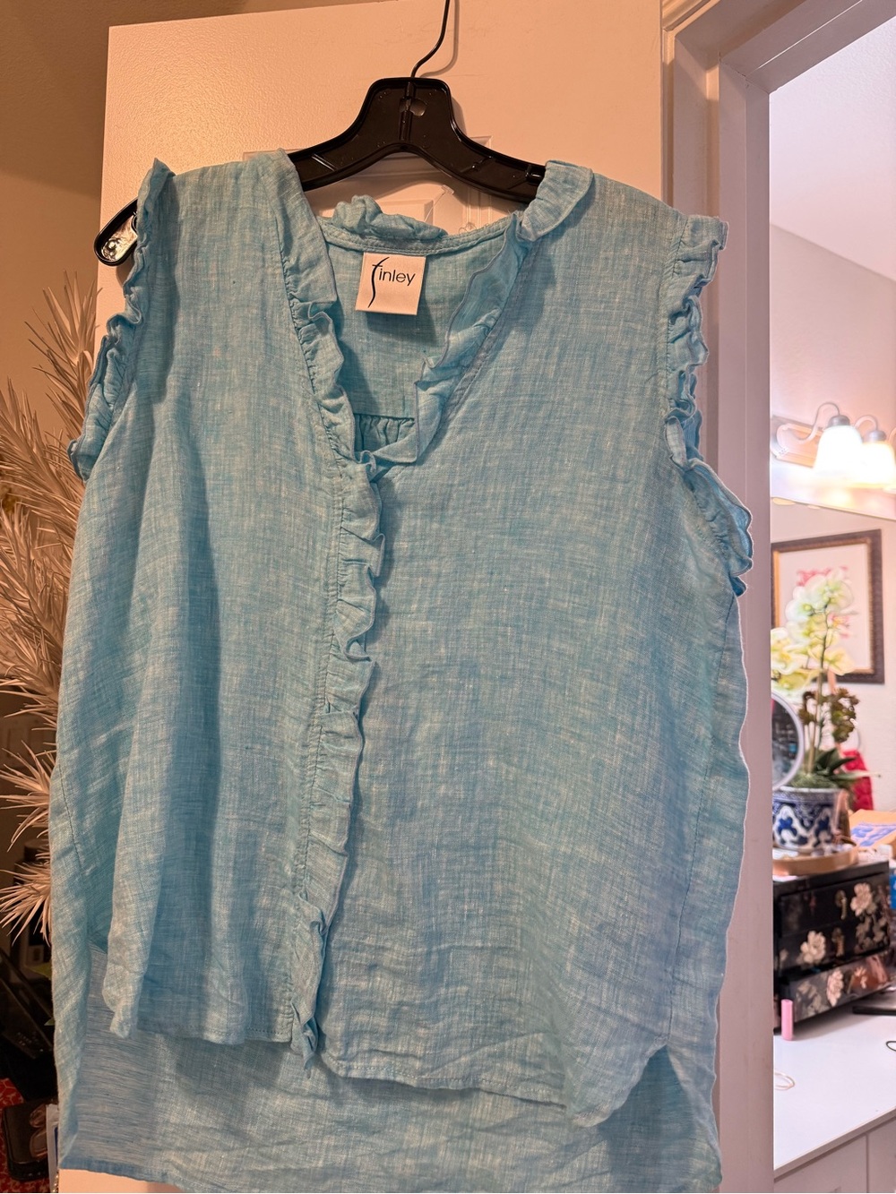 Finley Sky Blue Ruffled Linen-Blend Sleeveless Camisole